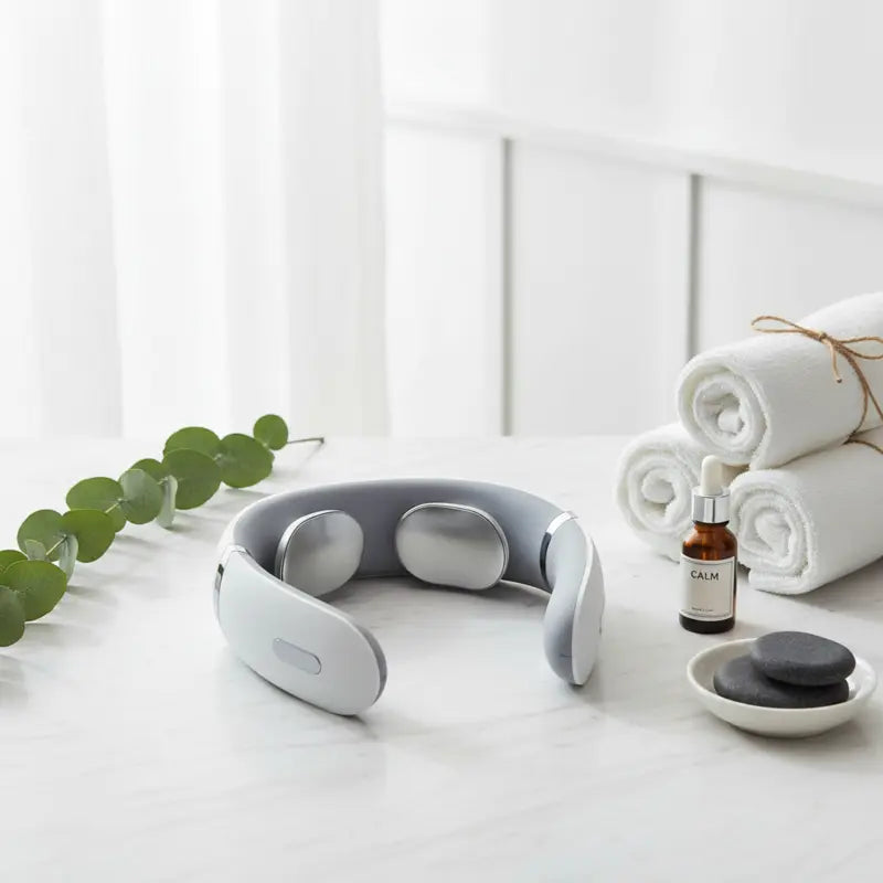"New Magna NeckRelief Pro neck massager on spa table with eucalyptus, white towels, essential oil and massage stones - premium wellness and pain relief"