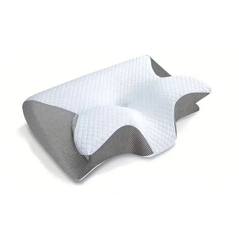Ergonomic pillow with quilted white surface and gray mesh sides on a white background