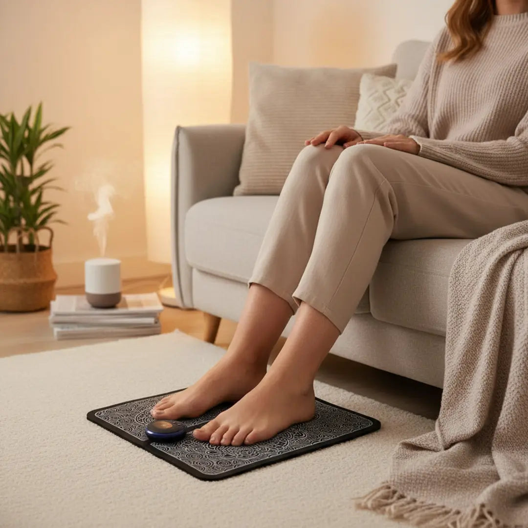 New Magna FootPulse Pro EMS Electric Foot Massager Mat - Woman relaxing on couch with feet on massager mat in cozy spa-inspired home setting