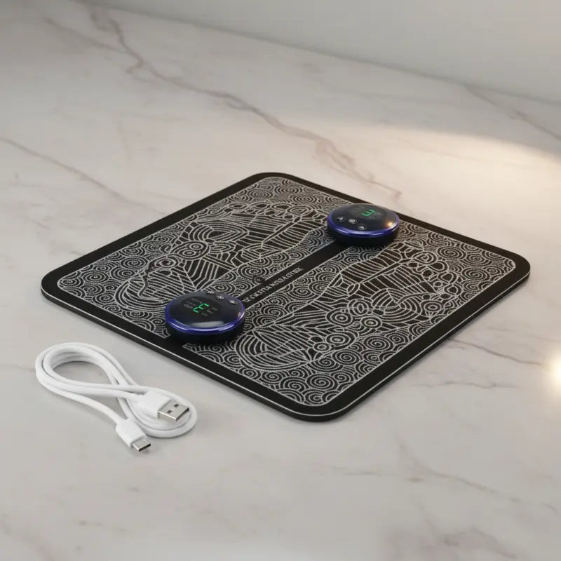 New Magna FootPulse Pro EMS Electric Foot Massager Mat - Premium black massager mat with dual LED controllers and USB charging cable on marble surface