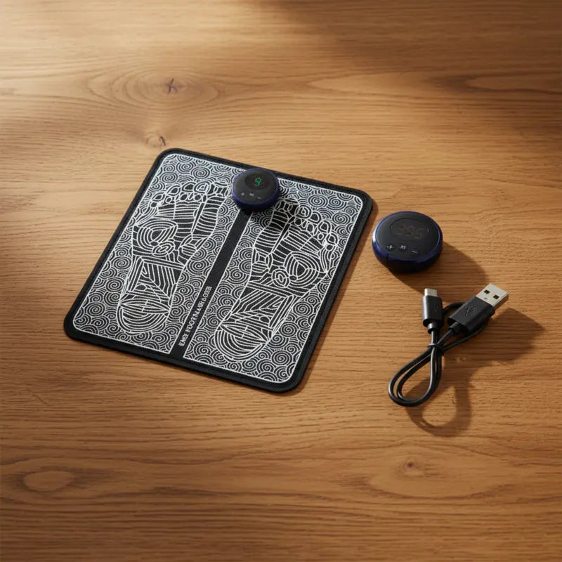 New Magna FootPulse Pro EMS Electric Foot Massager Mat - Black massager mat with LED controller, detachable remote, and USB charging cable on wood surface