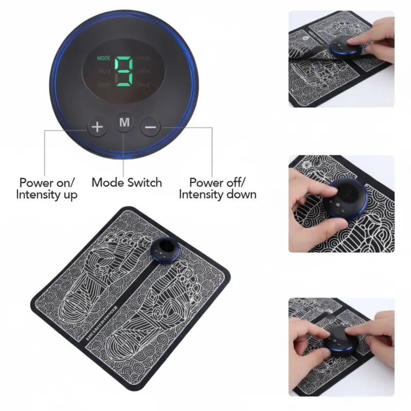 New Magna FootPulse Pro EMS Electric Foot Massager Mat - LED controller diagram showing power, mode switch, and intensity controls with step-by-step folding and operation instructions