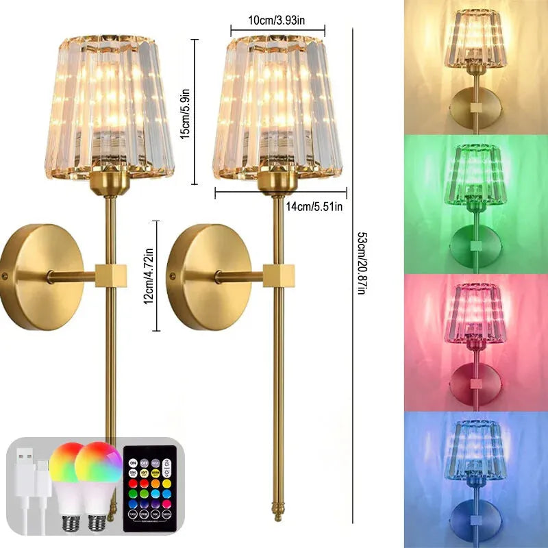 New Magna AuraGlow Pro LED RGB crystal wall sconce set of 2 in gold finish with color changing bulbs and remote control
