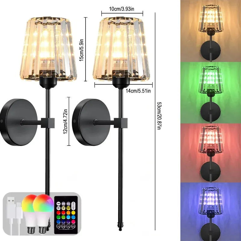 New Magna AuraGlow Pro LED RGB crystal wall sconce set of 2 in black finish with color changing bulbs and remote control