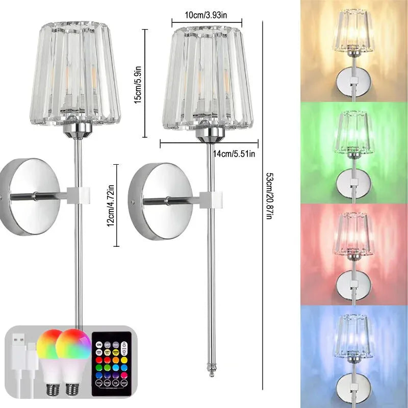 New Magna AuraGlow Pro LED RGB crystal wall sconce set of 2 in silver chrome finish with color changing bulbs and remote control