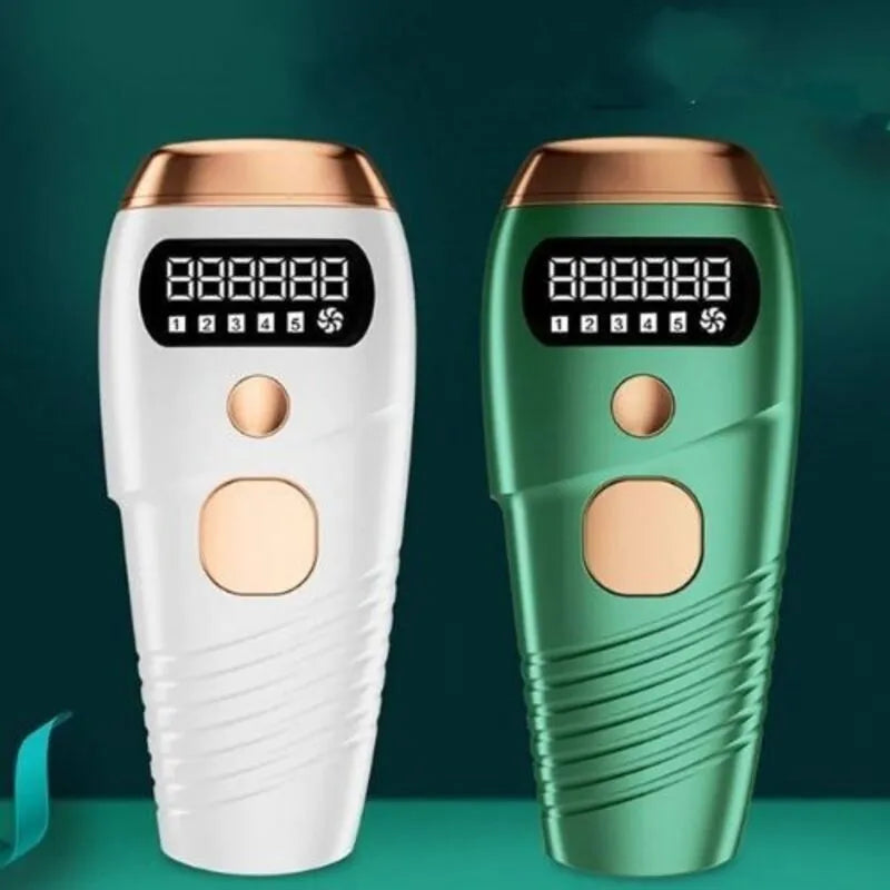 Two hair removal devices, one white and one green, with digital displays on a teal background.