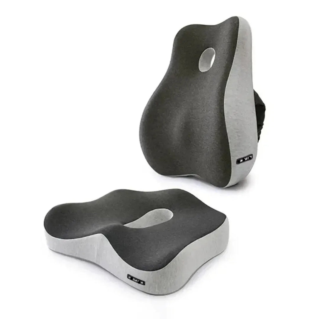 New Magna SitComfort Pro memory foam cushion set in gray and black - ergonomic lumbar support pillow with contoured design and U-shaped seat cushion with tailbone cutout for office chair back pain relief