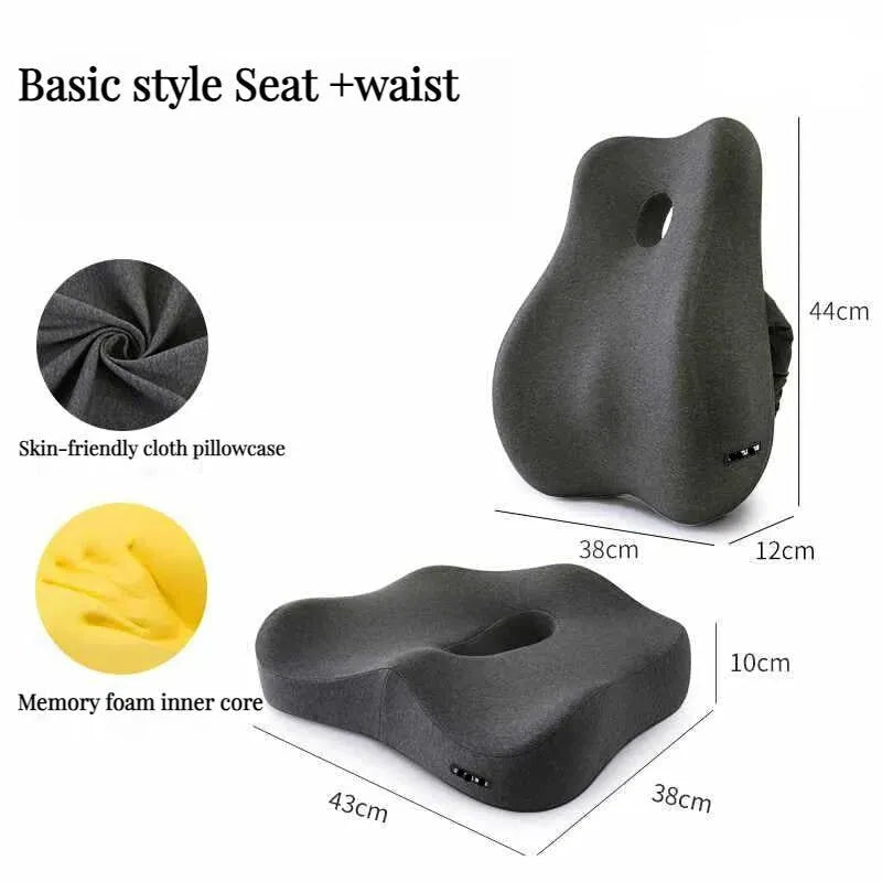 Seat and waist cushion with dimensions and material details on a white background