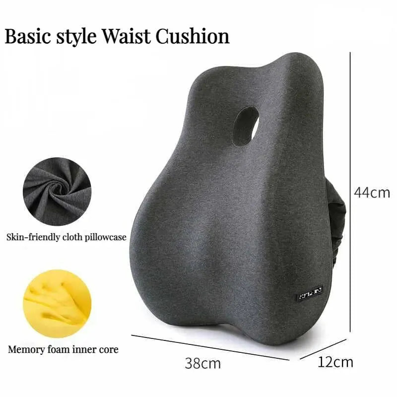 Gray waist cushion with measurements and features on a white background