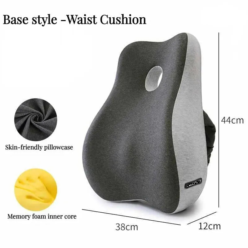 Gray waist cushion with measurements and features on a white background
