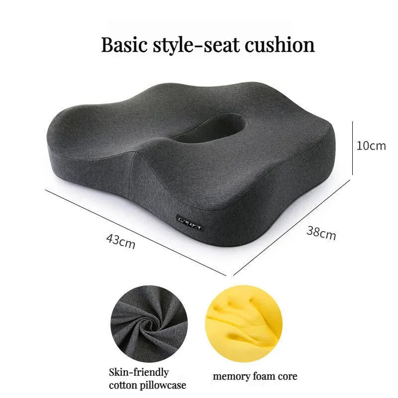 Black seat cushion with measurements and material details on a white background