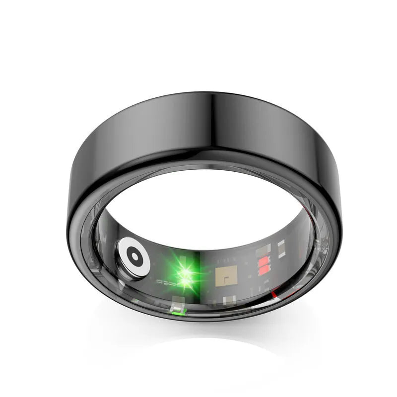 Black smart ring with electronic components on a white background