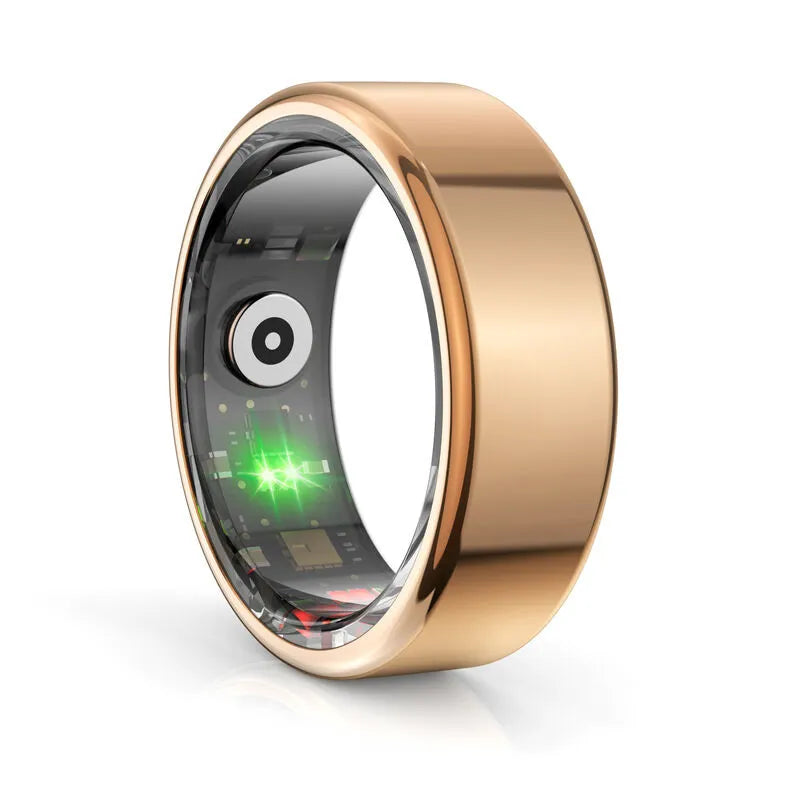 Gold smart ring with digital display on a white background