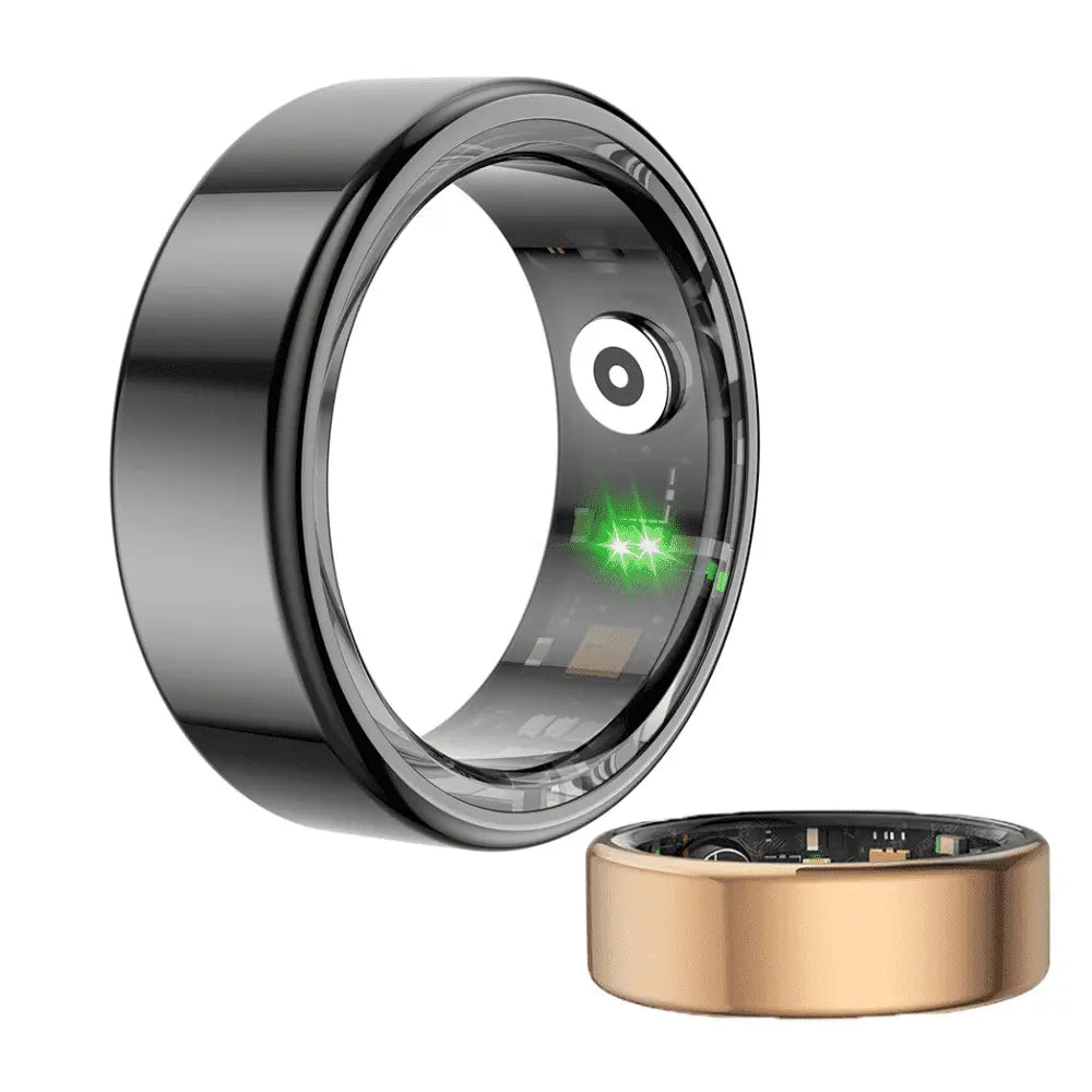 New Magna VitalRing Pro smart fitness tracking ring in black and gold showing interior green LED heart rate sensors and charging contacts - waterproof health monitor with 24 sports modes