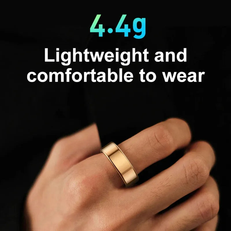Gold ring on a hand with text '4.4g Lightweight and comfortable to wear' on a black background