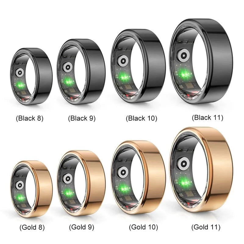 Set of smart rings in black and gold with green light indicators on a white background