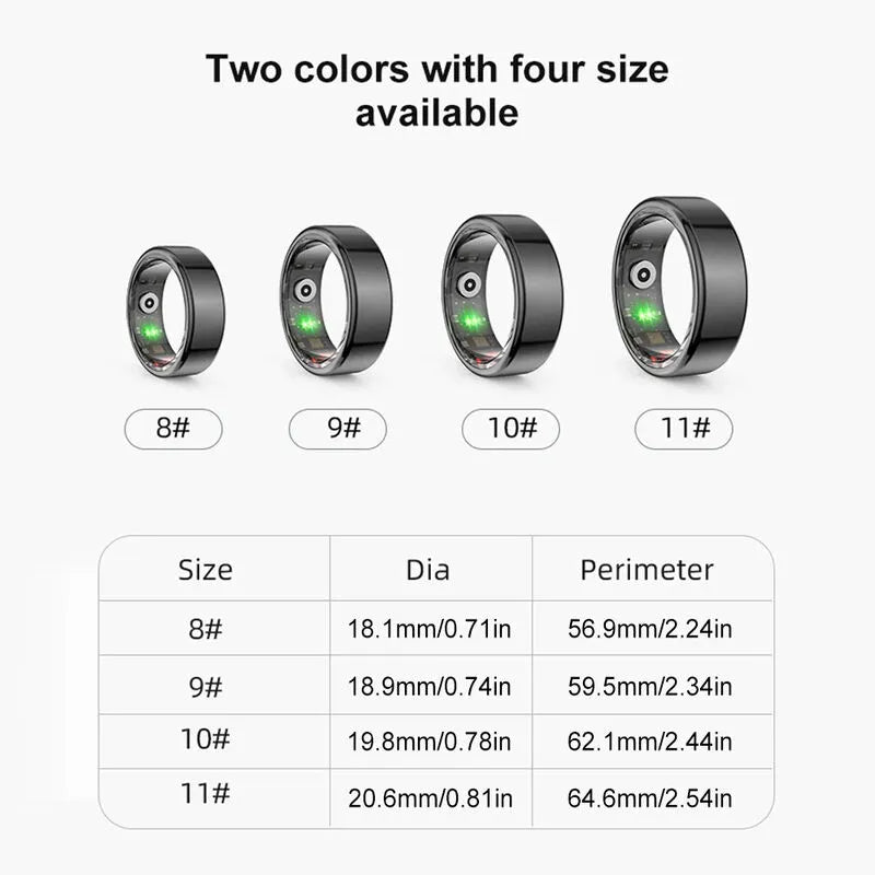 Smart ring with color options and size specifications on a white background