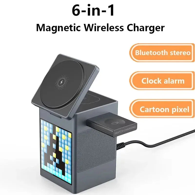 New Magna 6-in-1 Magnetic Wireless Charger & Speaker Pro with Bluetooth stereo, clock alarm and cartoon pixel display