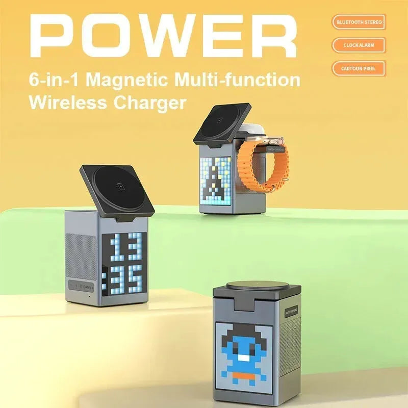 6-in-1 Magnetic Multi-function Wireless Charger with digital display on a colorful background