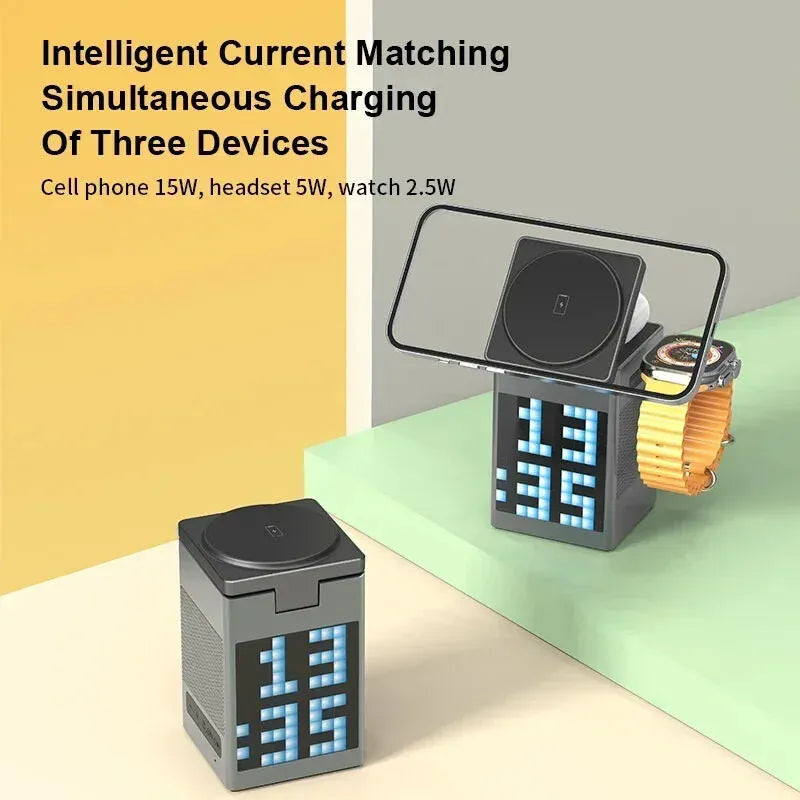 Wireless charging station with digital display on a light background