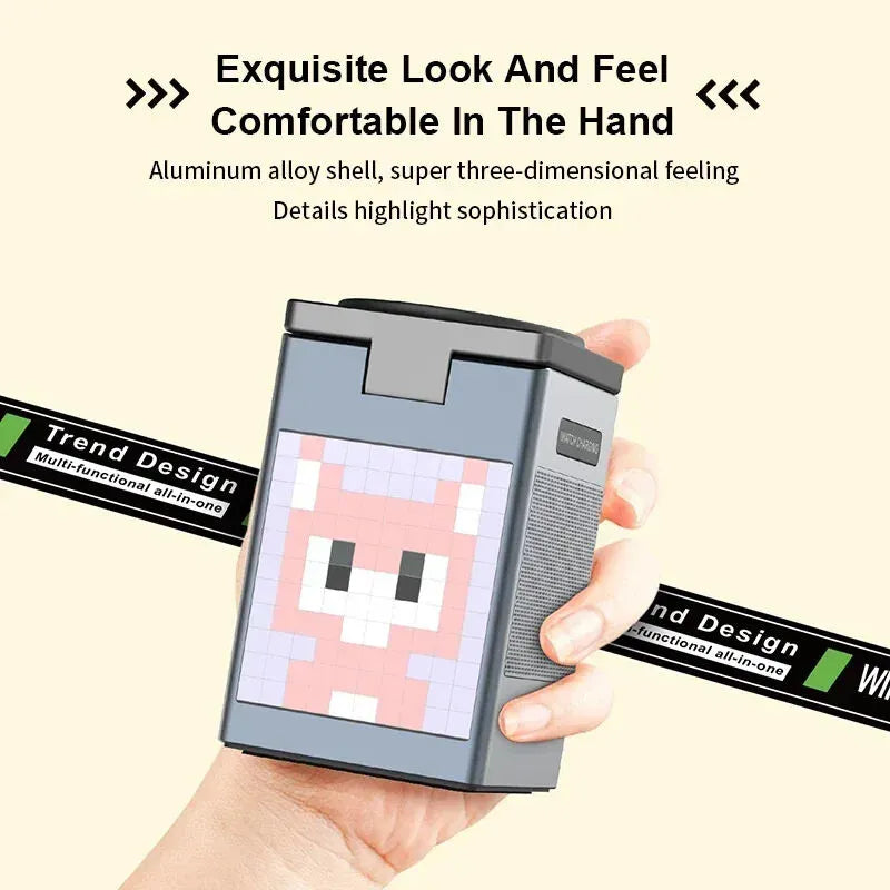 Hand holding a pixelated device with text about its design and features.