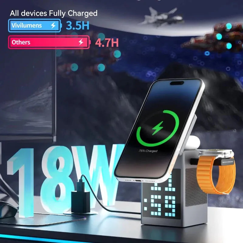Wireless charging station with smartphone and smartwatch, showing charging status on a futuristic background.