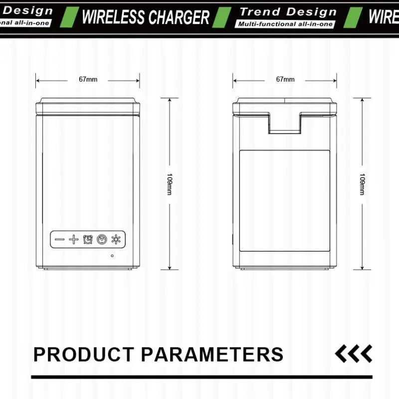 Technical drawing of a wireless charger with dimensions on a white background