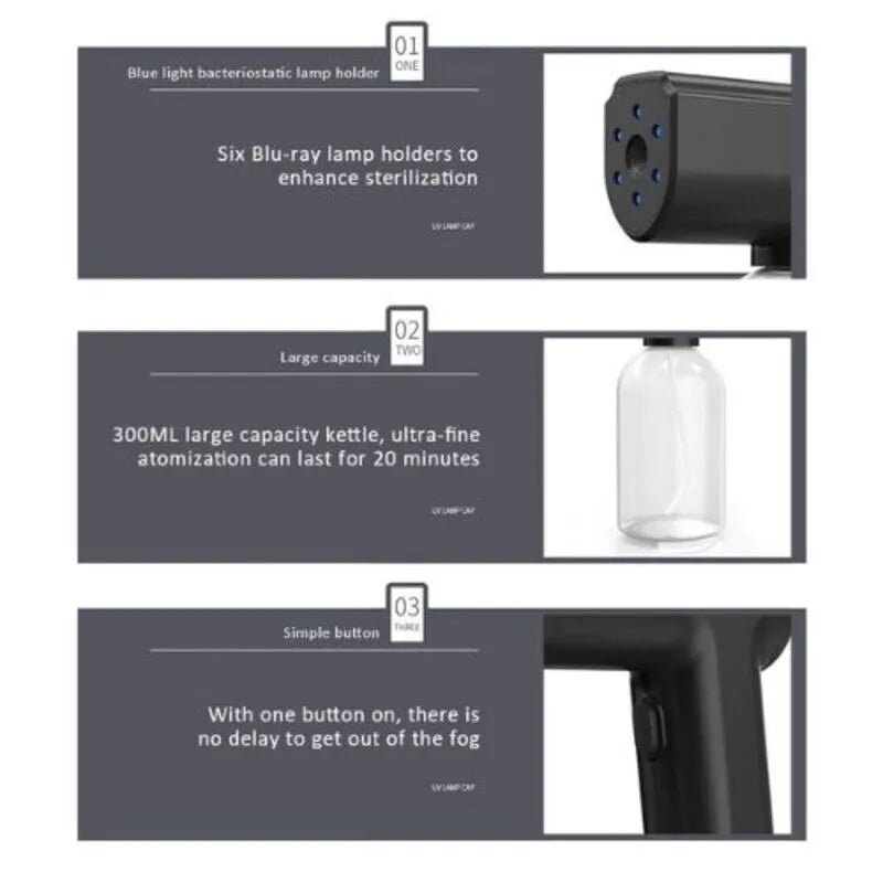 Product features of a blue light bactericidal lamp holder with text on capacity and button functionality.