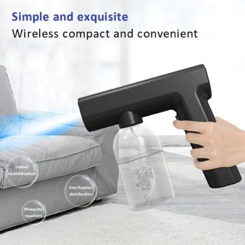 Handheld cleaning device with a clear container being used on a surface.