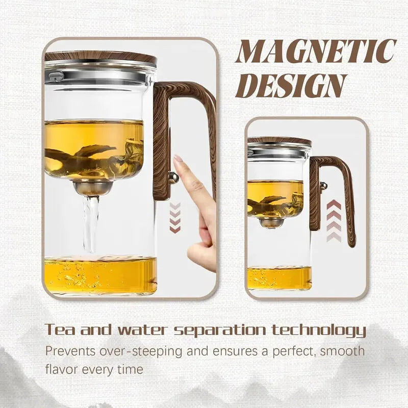 Tea infuser with glass container and wooden handle, featuring magnetic design for tea and water separation.