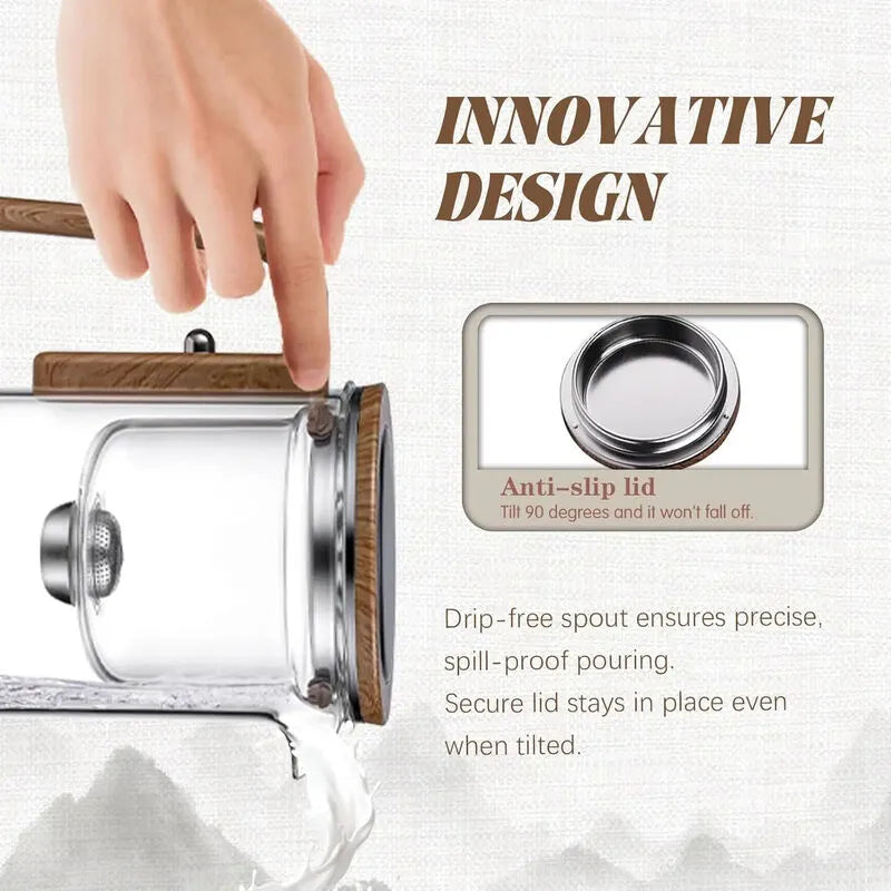 Hand holding a clear container with wooden lid, featuring text on anti-slip lid and drip-free spout.