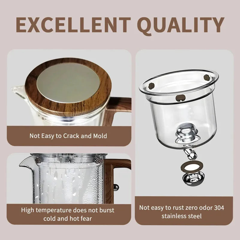 Glass teapot with wooden lid and stainless steel components on a beige background with text highlighting quality features.