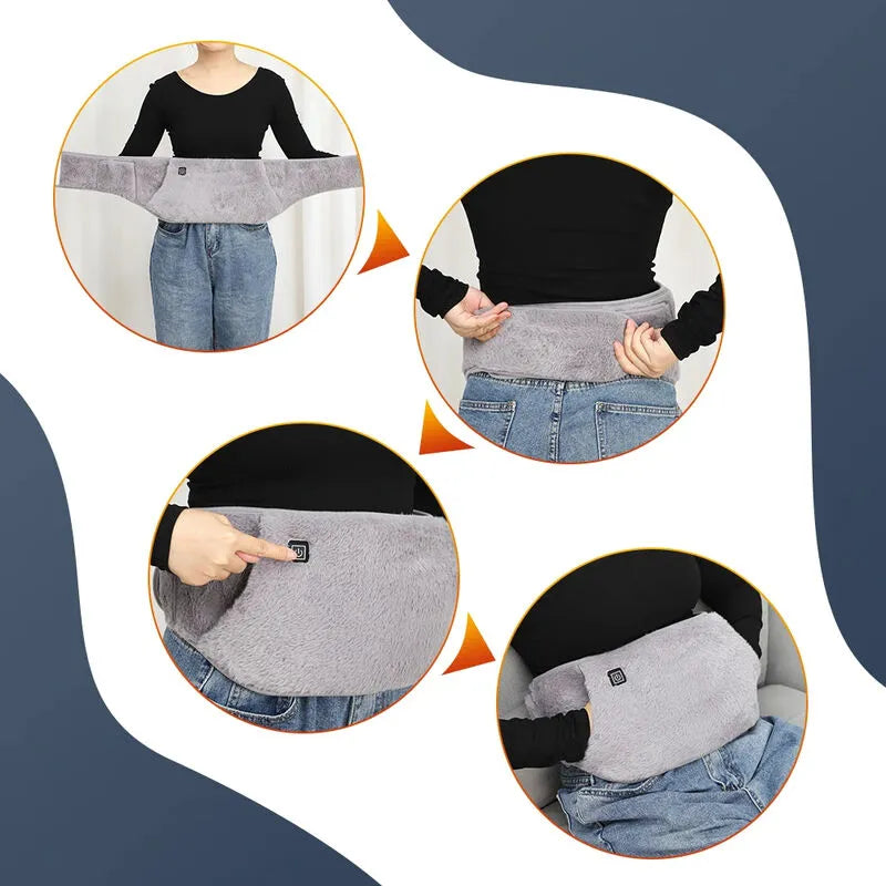 Gray waist support belt being worn by a person with close-up shots on a white background.