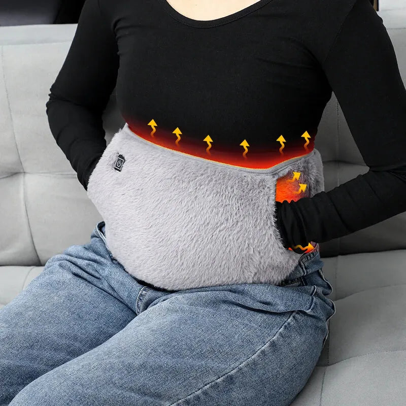 Person wearing a heating pad on their lap with a graphic of heat transfer.